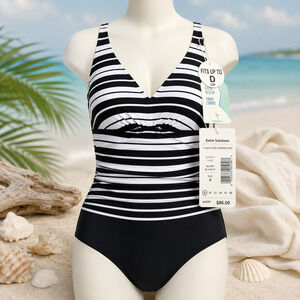 Swim Solutions Striped Tummy Control One Piece Swimsuit Sz 8 NWT